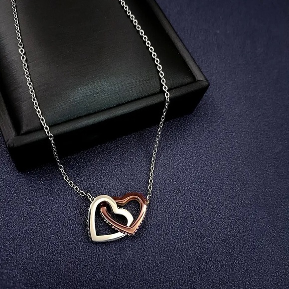 Rose Gold Double Heart Stainless Steel Necklace Women Interlock Heart Pendant - Picture 4 of 5
